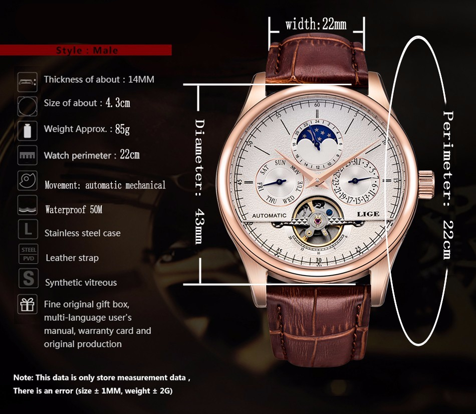 LIGE 6826 Classic Retro Tourbillon Mechanism Genuine Leather Watch