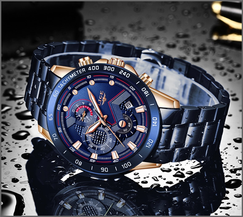 LIGE Luxury Blue Chronograph Quartz Watch