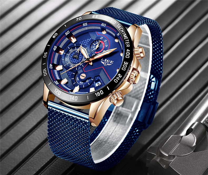 LIGE Luxury Blue Chronograph Quartz Watch