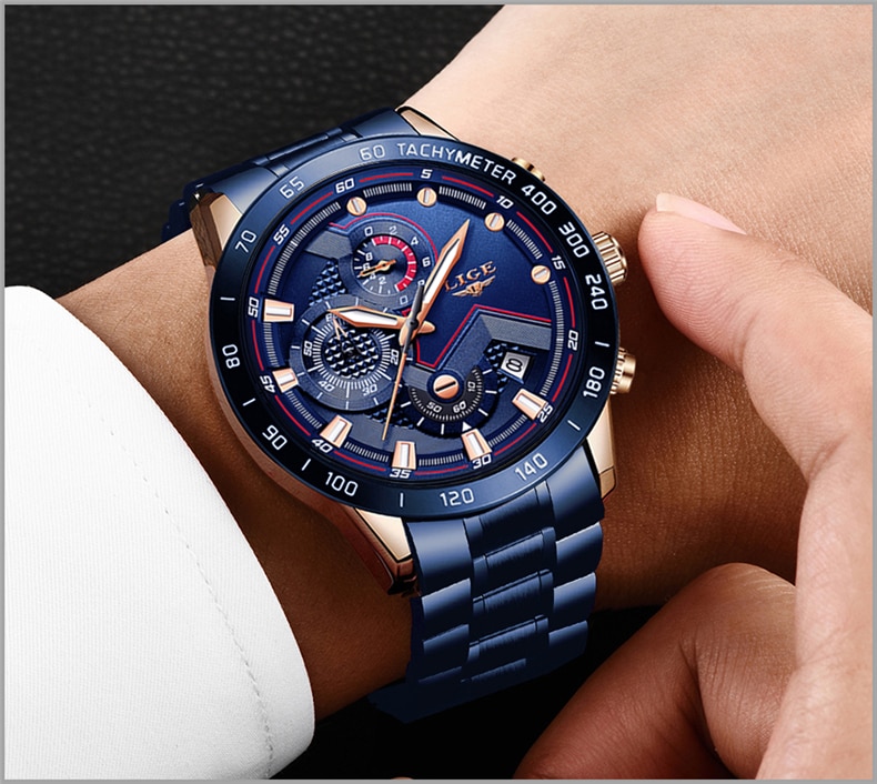 LIGE Luxury Blue Chronograph Quartz Watch