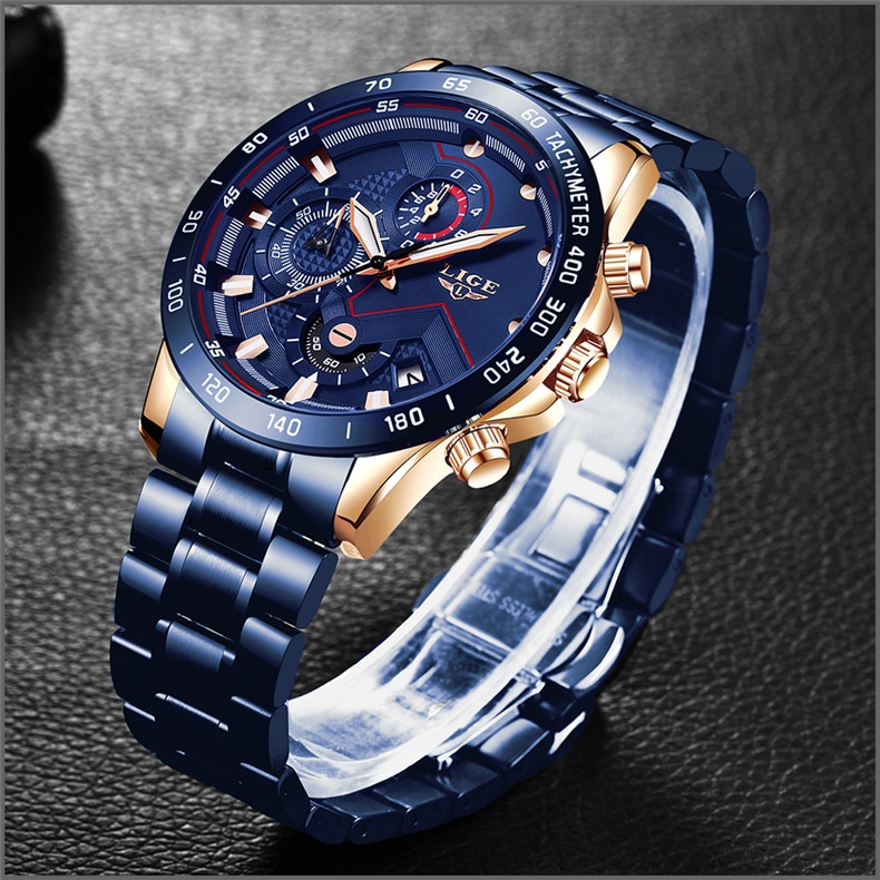 LIGE Luxury Blue Chronograph Quartz Watch