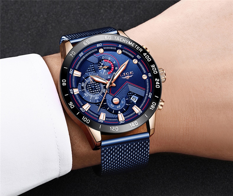 LIGE Luxury Blue Chronograph Quartz Watch