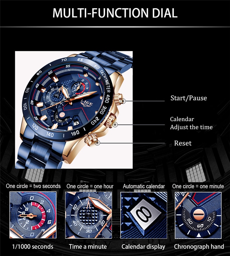 LIGE Luxury Blue Chronograph Quartz Watch