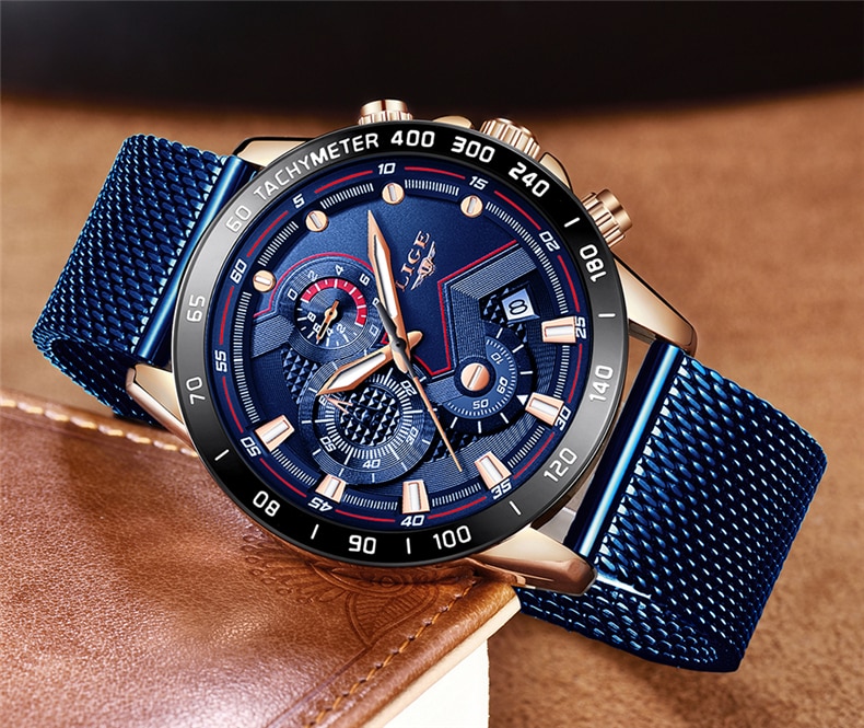 LIGE Luxury Blue Chronograph Quartz Watch