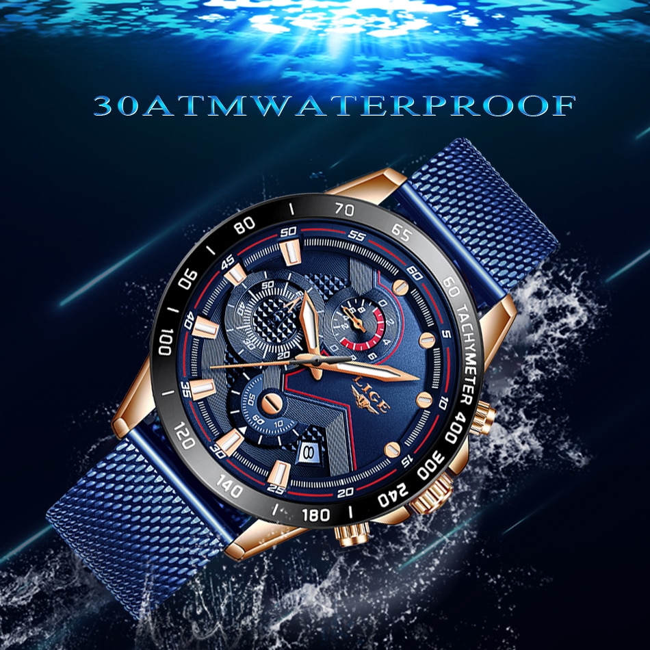 LIGE 9929 Waterproof Blue Quartz Watch