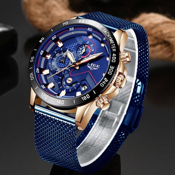 LIGE 9929 Waterproof Blue Quartz Watch