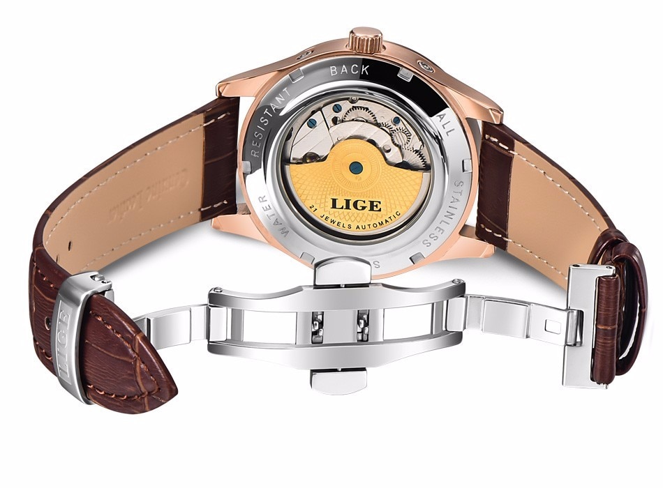 LIGE 6826 Classic Retro Tourbillon Mechanism Genuine Leather Watch