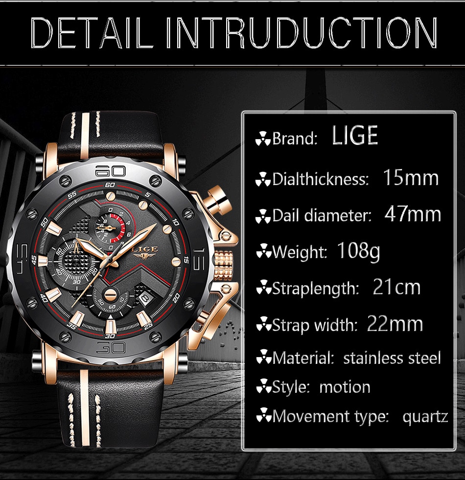LIGE 9899 Big Dial Leather Watch