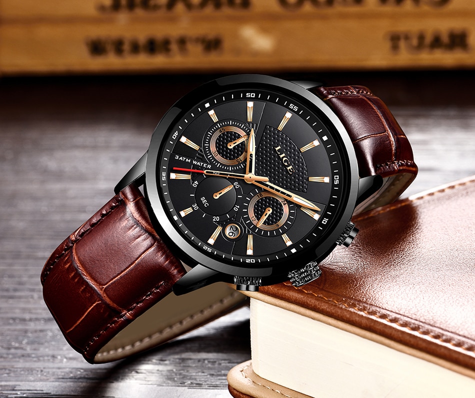 LIGE 9866 Leather Military Watch