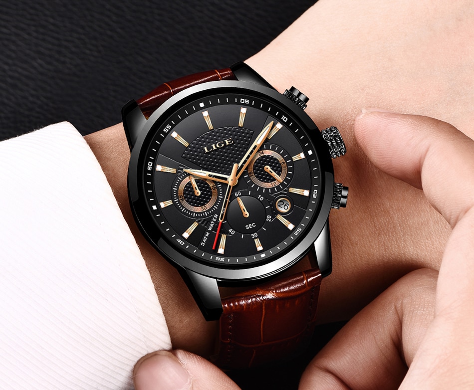 LIGE 9866 Leather Military Watch