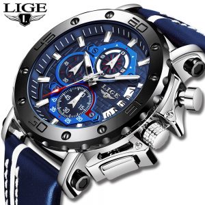 LIGE 9996 Big Dial Leather Watch