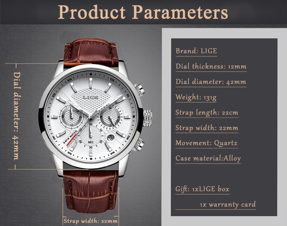 LIGE 9866 Waterproof Sports Leather Watch