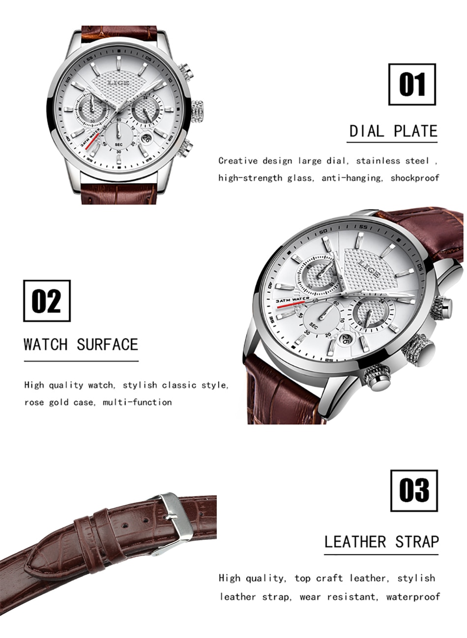 LIGE 9866 Waterproof Sports Leather Watch