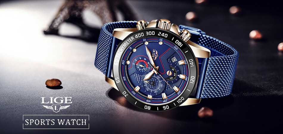 LIGE 2021 Mesh Belt Luxury Blue Watch