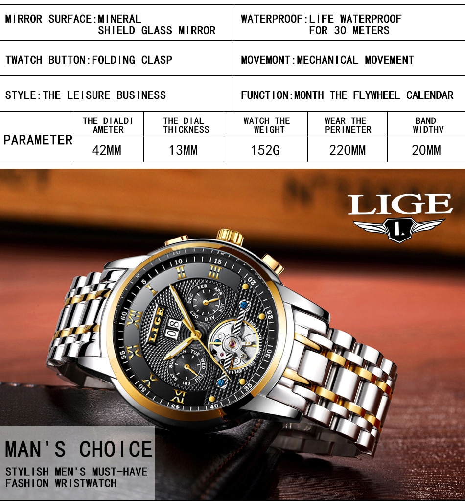 LIGE 9841 Automatic Mechanical Watch
