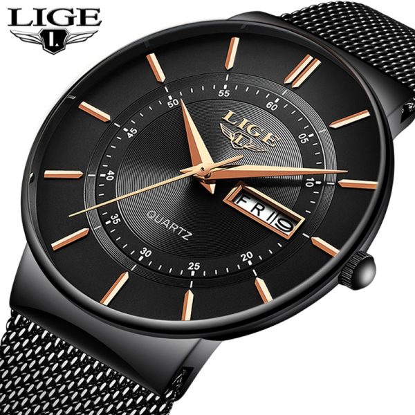 LIGE 9949 Black Plating Mesh Strap Watch
