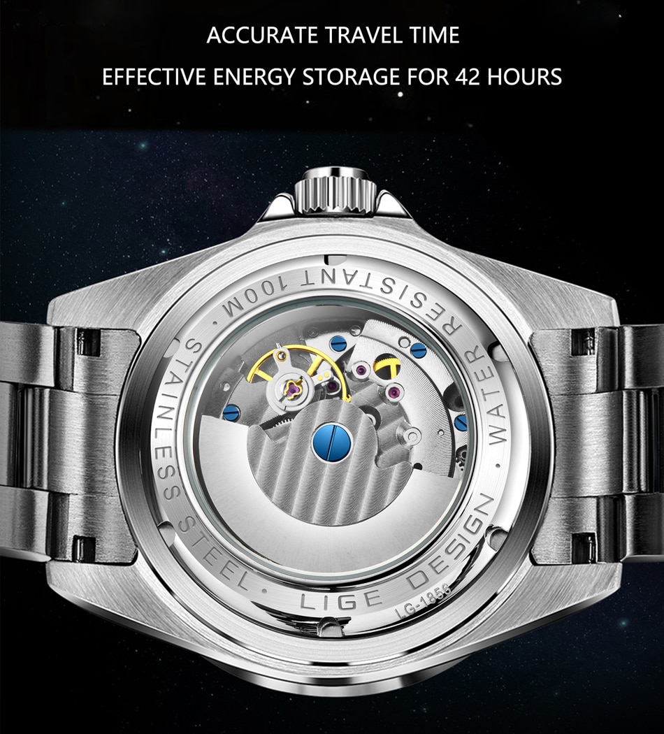 LIGE 1856 Watch [LIGE 6805] GMT 100ATM Automatic Mechanical Watch (Ceramic Bezel 316L)