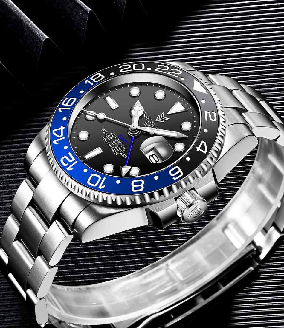 LIGE 1856 Watch [LIGE 6805] GMT 100ATM Automatic Mechanical Watch (Ceramic Bezel 316L)