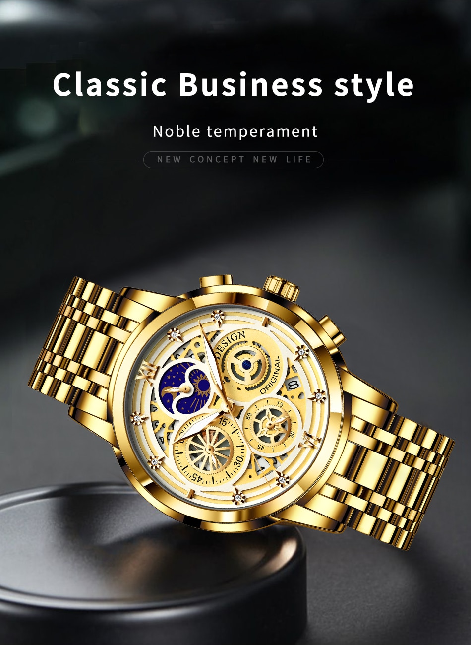 LIGE 8942 Luxury Gold Stainless Steel Watch