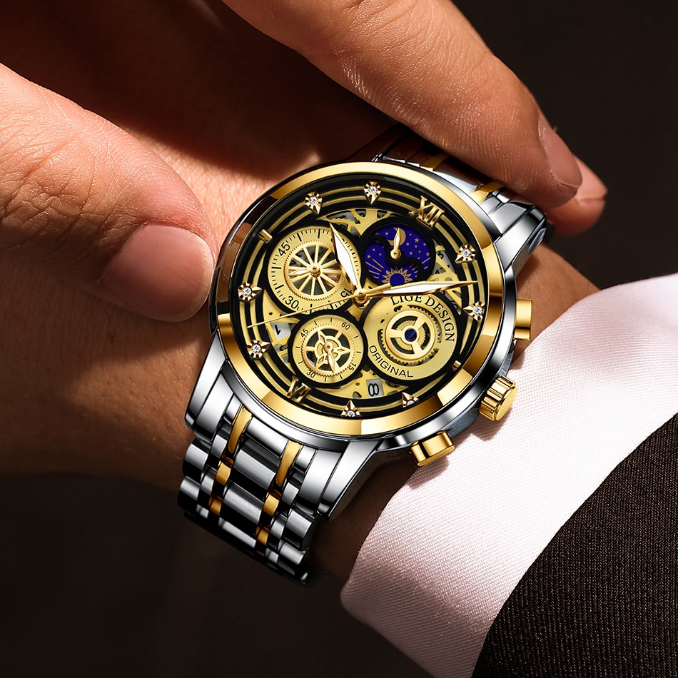LIGE 8942 Luxury Gold Stainless Steel Watch