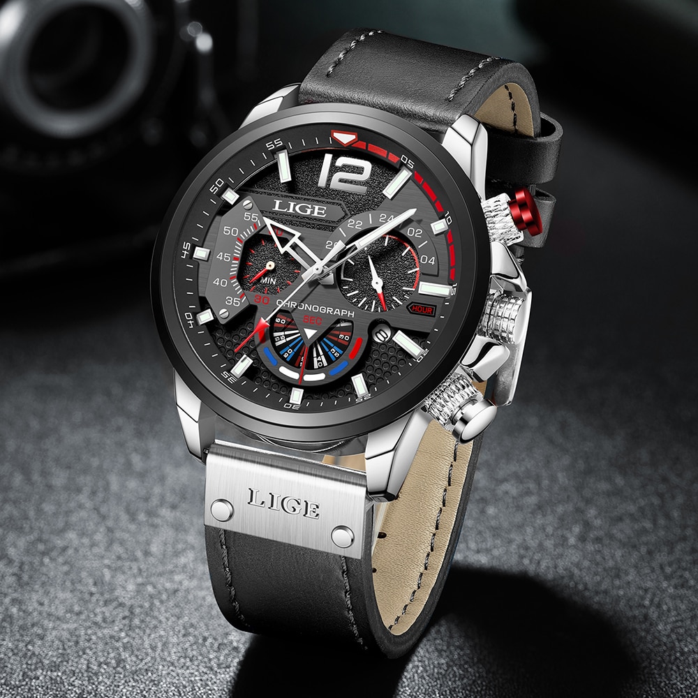 LIGE 8959 Mens Leather Quartz Watch