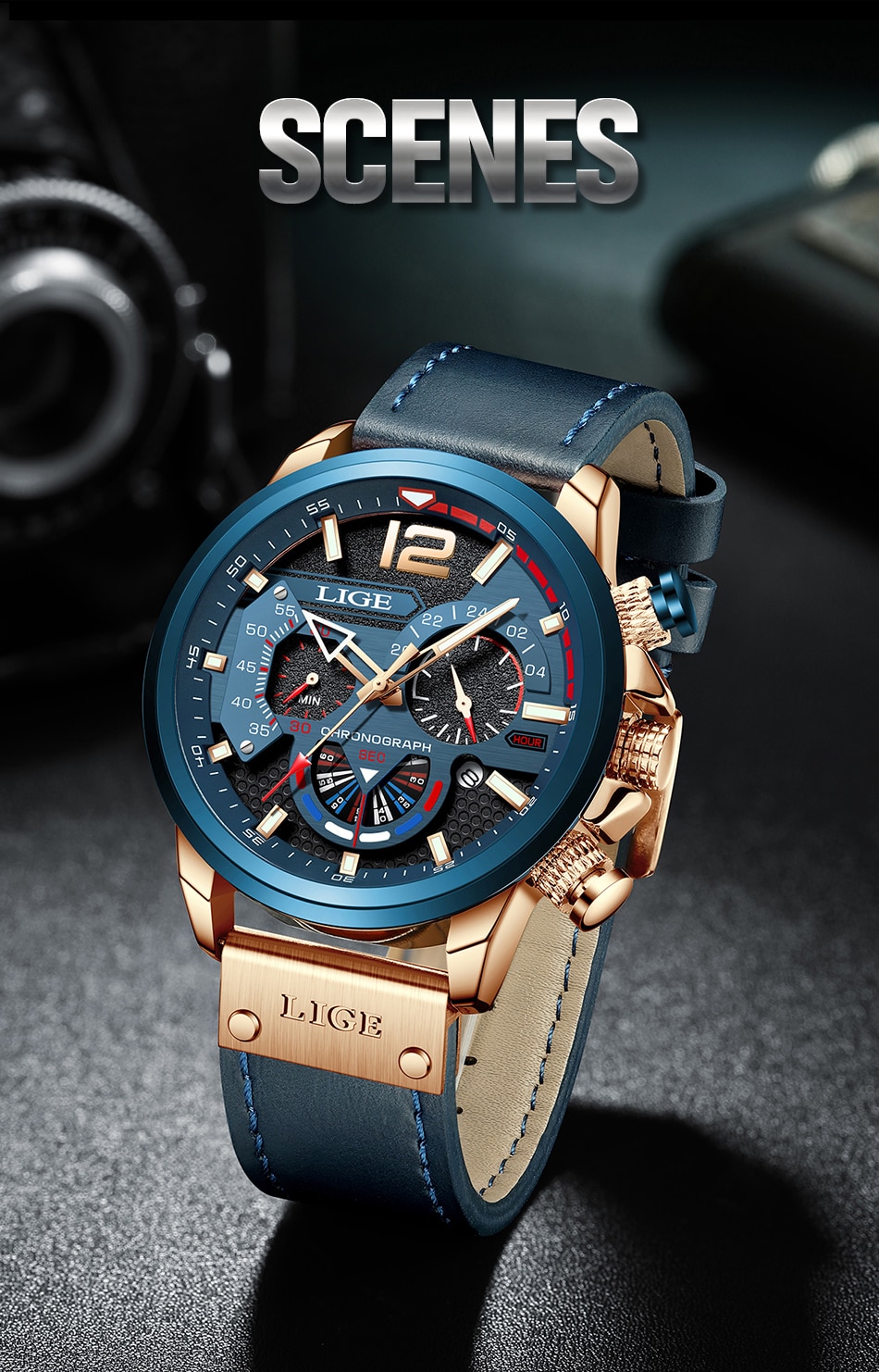 LIGE 8959 Mens Leather Quartz Watch